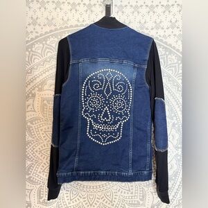 Sugar Skull Denim Jacket with Black Sleeves (Missing a silver stud! See Photo!)